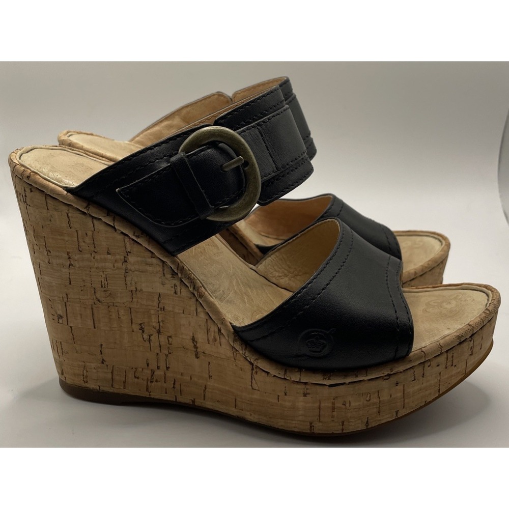 Børn Born Zee Women Shoes Black Leather Cork Heel Buckle Straps Wedge Sandals 6